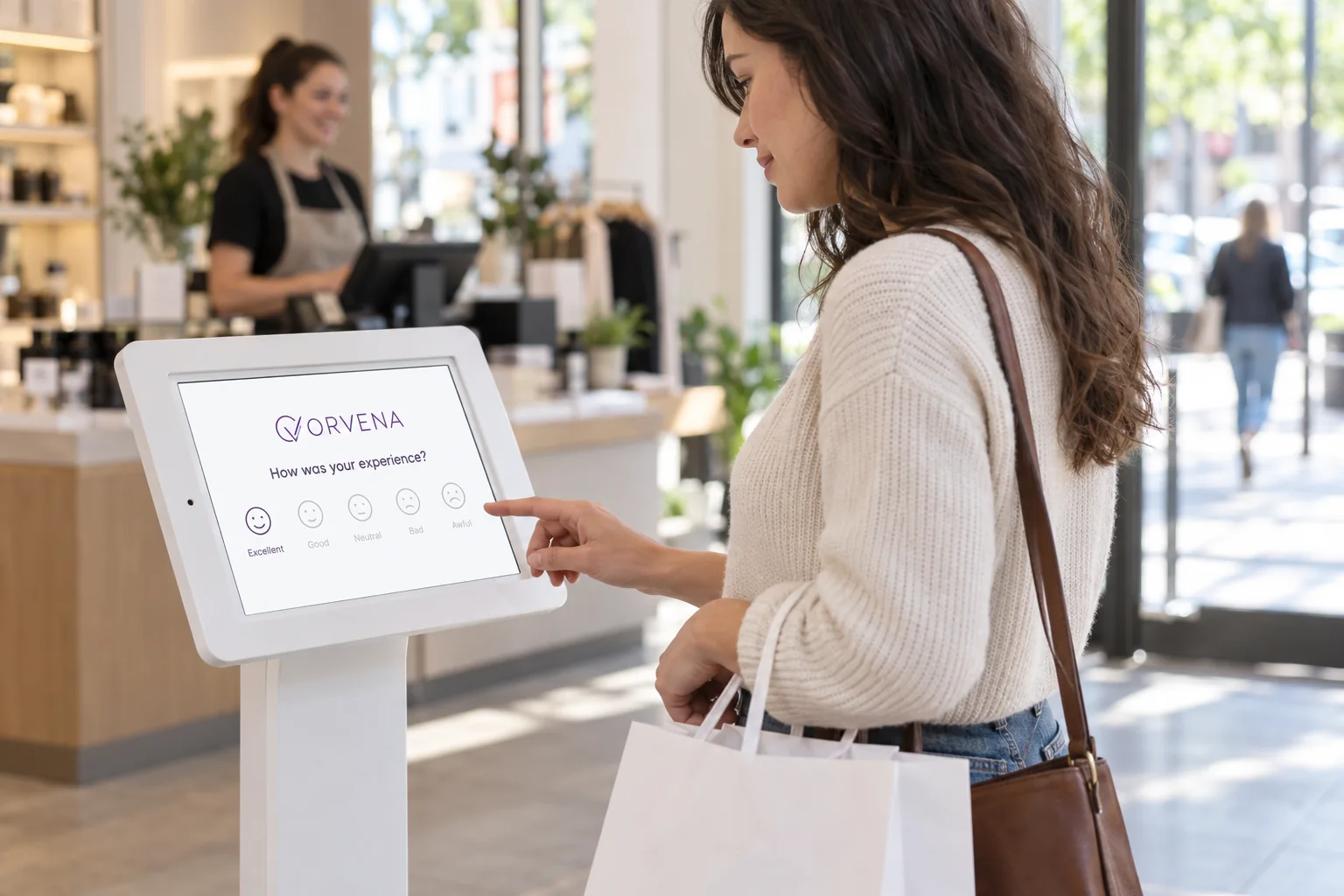 Customer about to answer the ORVENA survey on a kiosk at a store exit