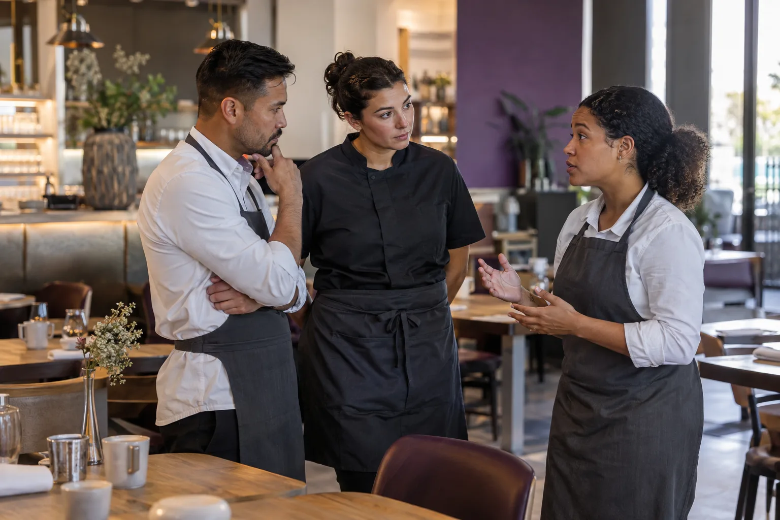 Teambesprechung in einem Restaurant: Eine Schichtleiterin bespricht mit zwei Kollegen die Ergebnisse der letzten Befragung