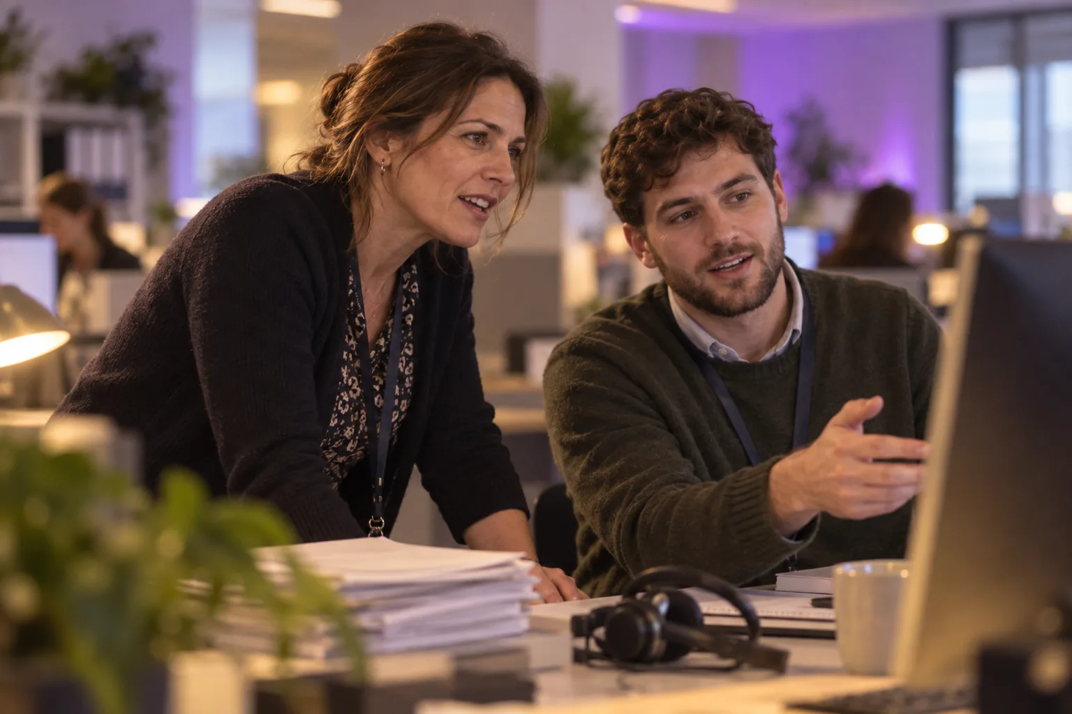 Two public-sector case officers reviewing a complaint case at a desk in a back office