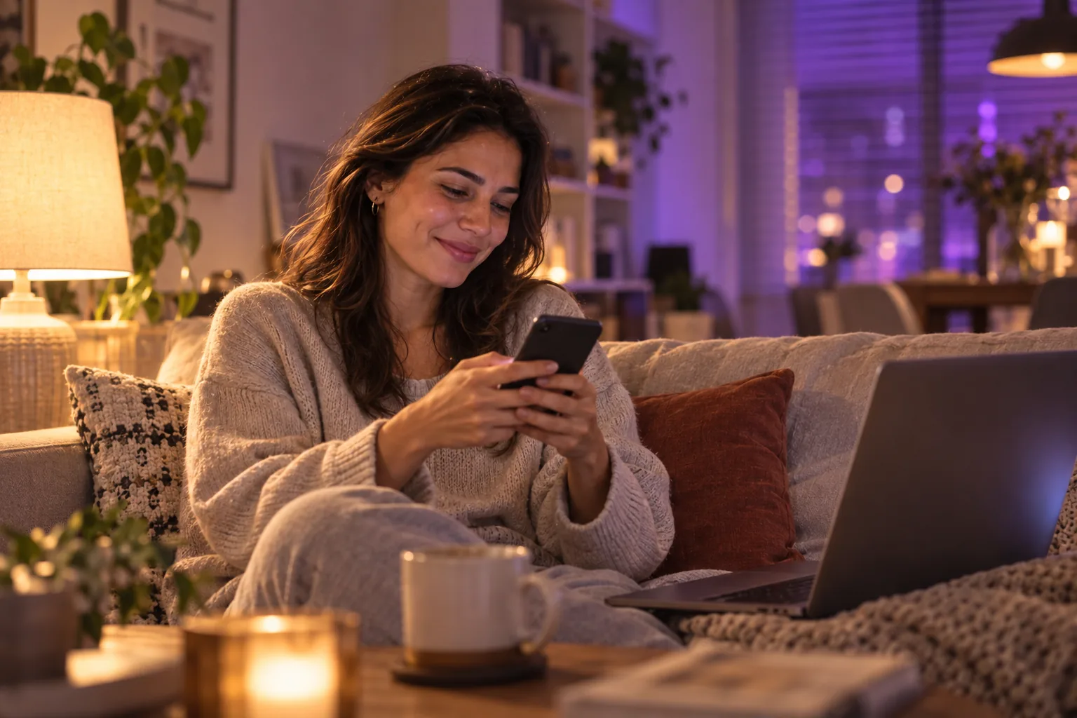 Citizen at home answering a short survey on her phone after completing an online government transaction
