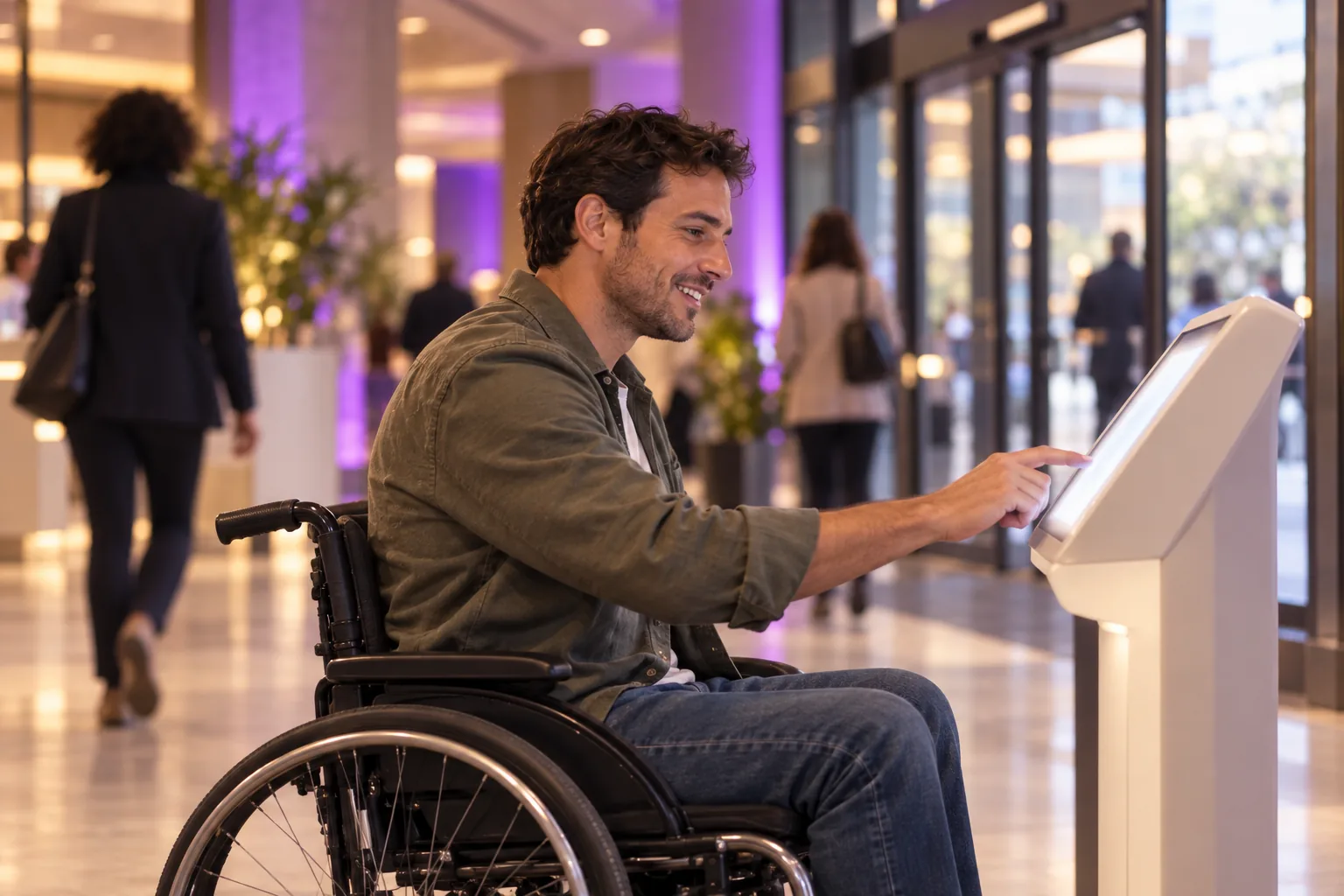Man in a wheelchair rating his visit on an accessible feedback kiosk at the exit of a public service hall