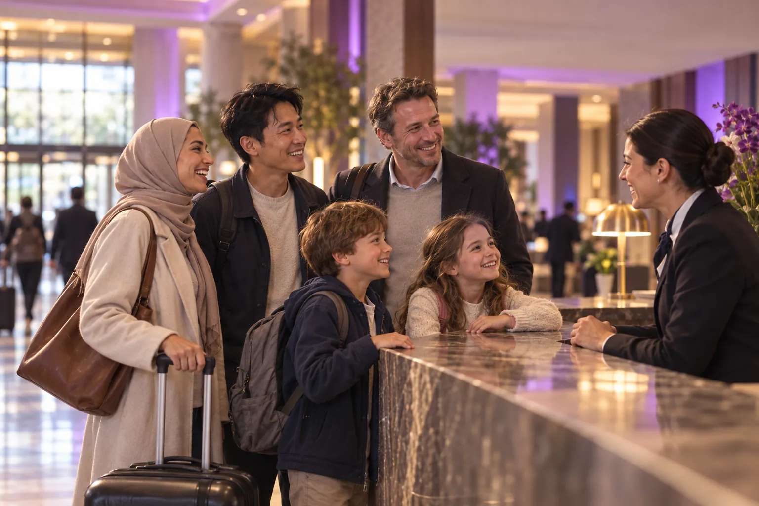 Resepsiyon görevlisi, otel lobisinde yabancı misafirleri karşılıyor