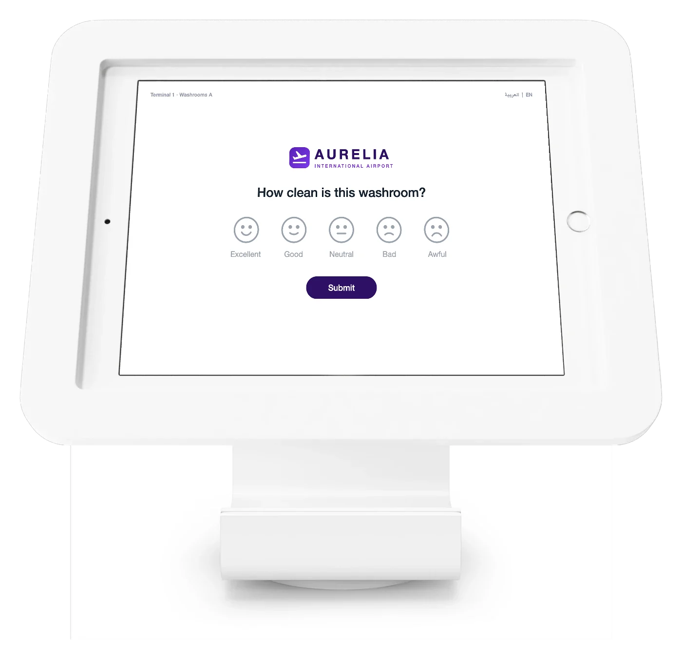 Qmeter-Feedback-Terminal mit einer Umfrage zur Flughafentoilette: Logo, eine Smiley-Frage, Absenden