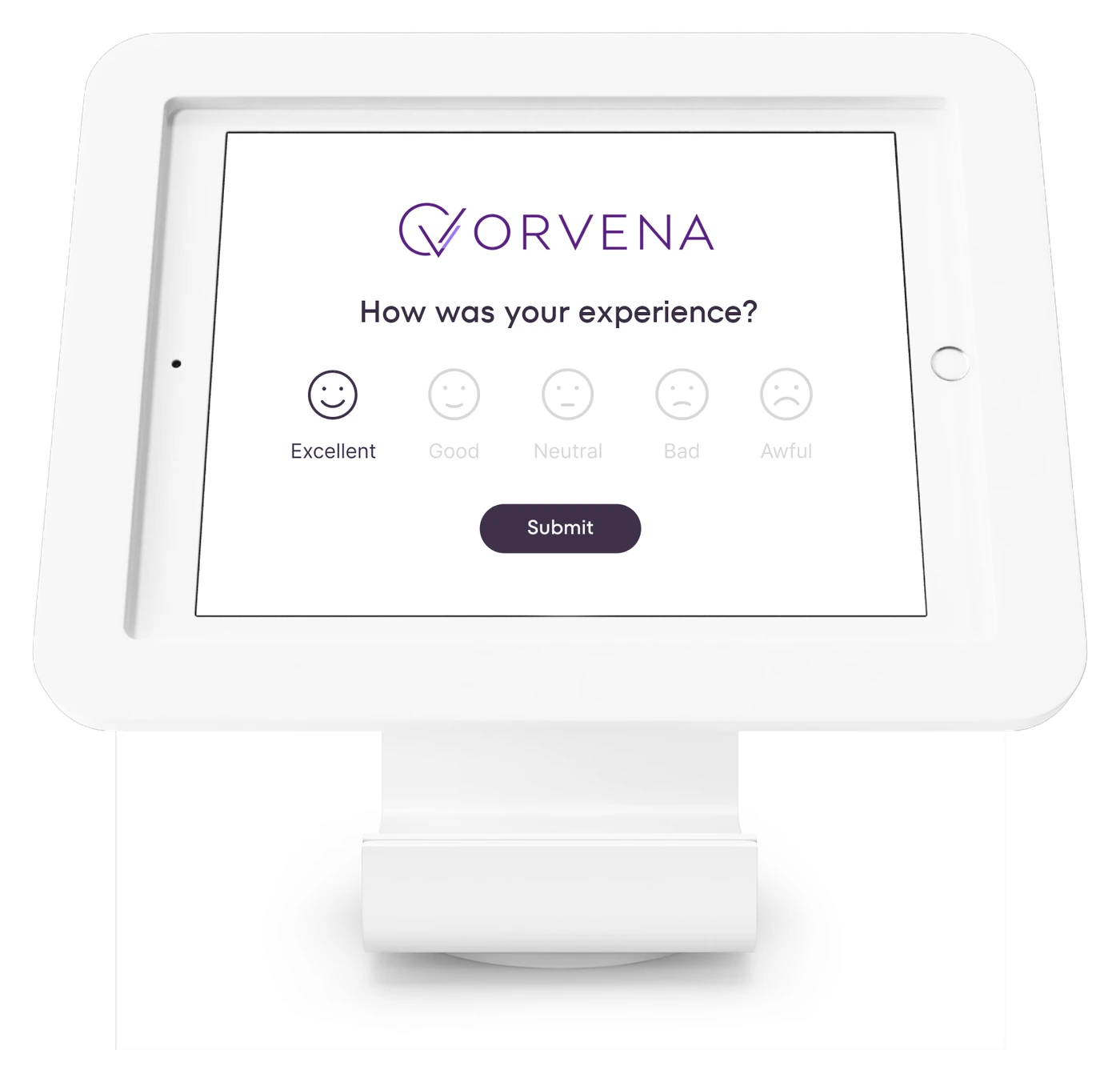 كشك ملاحظات Qmeter مع استبيان ORVENA: الشعار، وسؤال واحد بالوجوه التعبيرية، وزر الإرسال