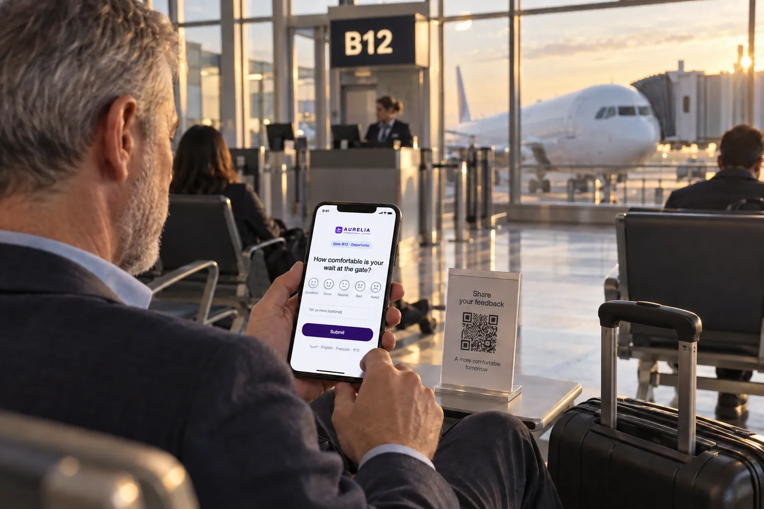 B12 kapısındaki yolcu, yan masadaki QR kodunu okutup telefonunda kapı anketini yanıtlıyor