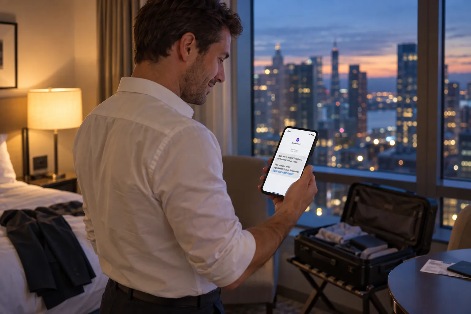 Reisender in einem Hotelzimmer eine Stunde nach der Landung, der am Fenster die Feedback-SMS nach dem Flug liest