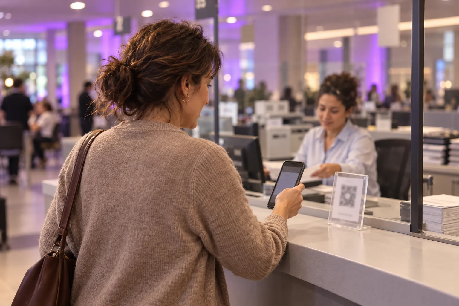 Resident scanning a QR code at a service counter with a smartphone