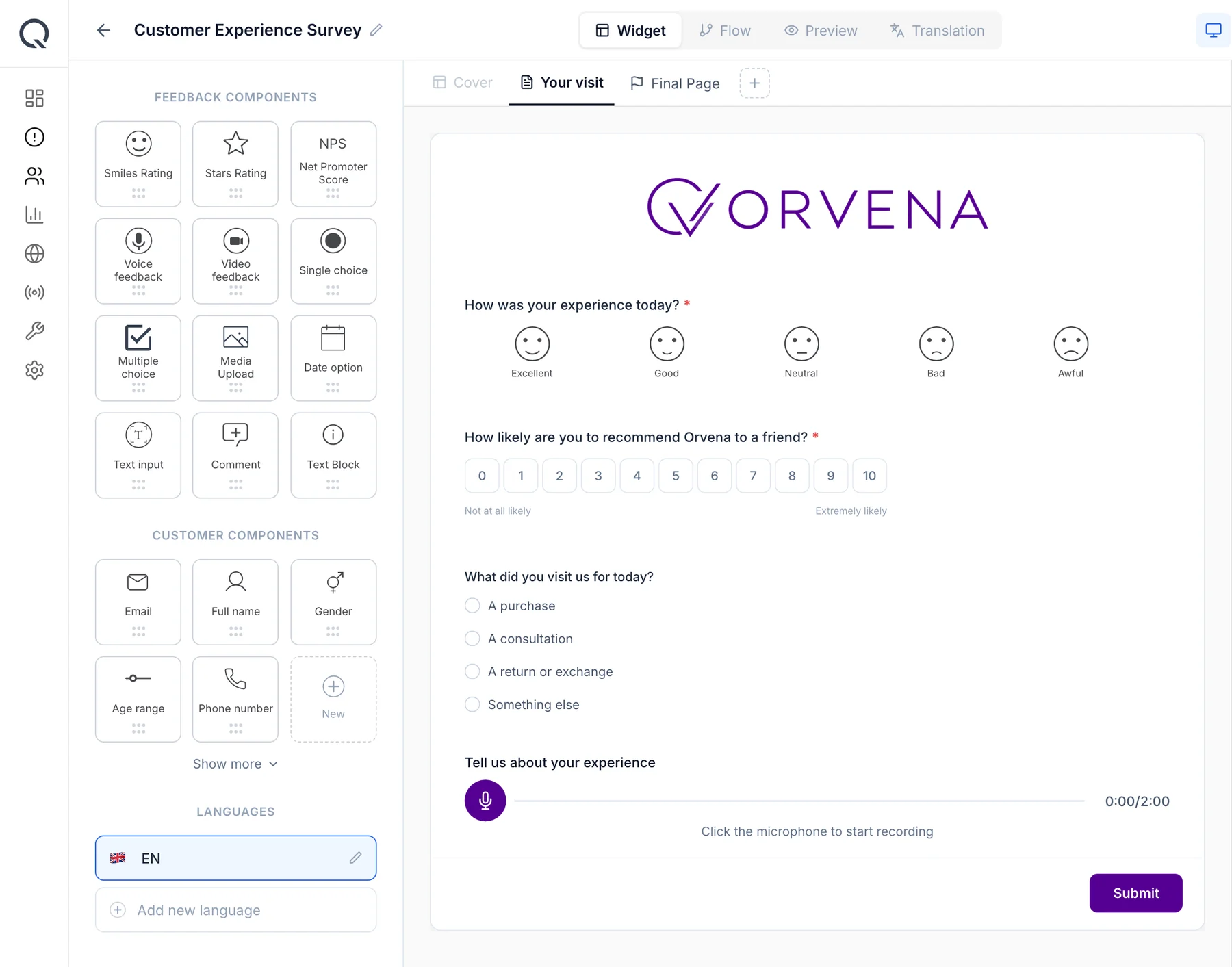 منشئ استبيانات Qmeter: شعار ORVENA، وسؤال بالوجوه التعبيرية، ومقياس NPS، وسؤال اختيار واحد، وملاحظات صوتية