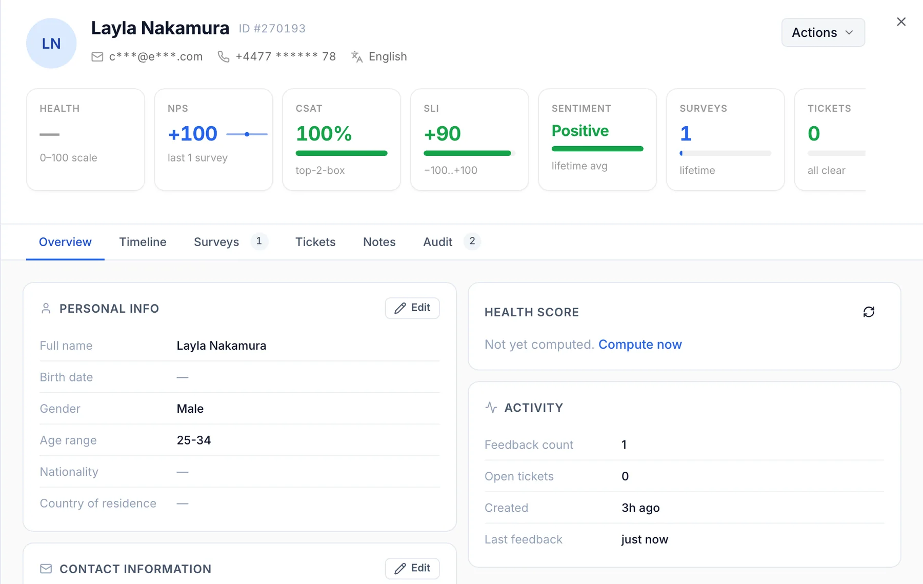 Qmeter customer profile: NPS, CSAT, SLI, sentiment, surveys and tickets for one customer