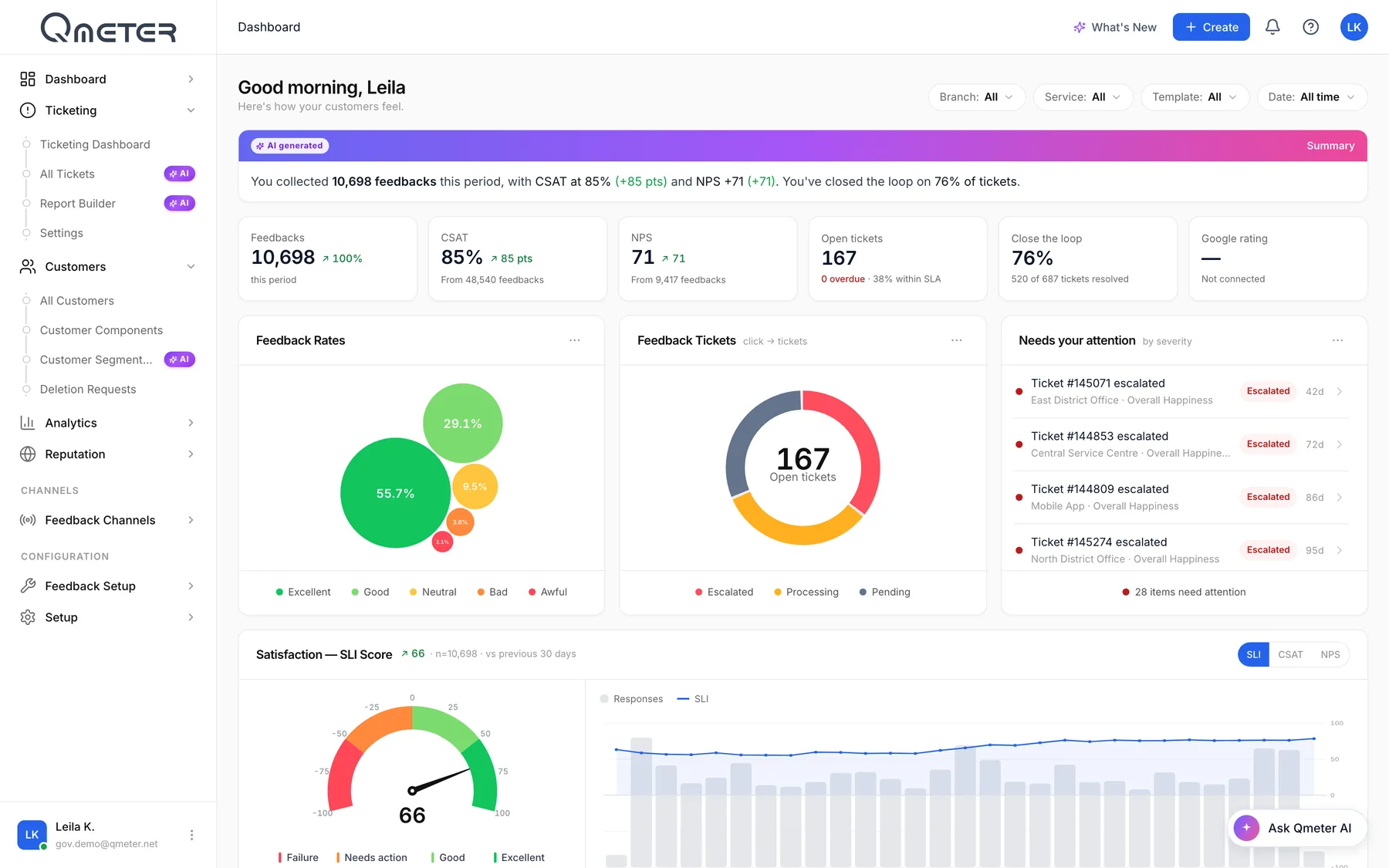 Qmeter dashboard for a public services authority with satisfaction, open cases and themes per service centre (demo data)