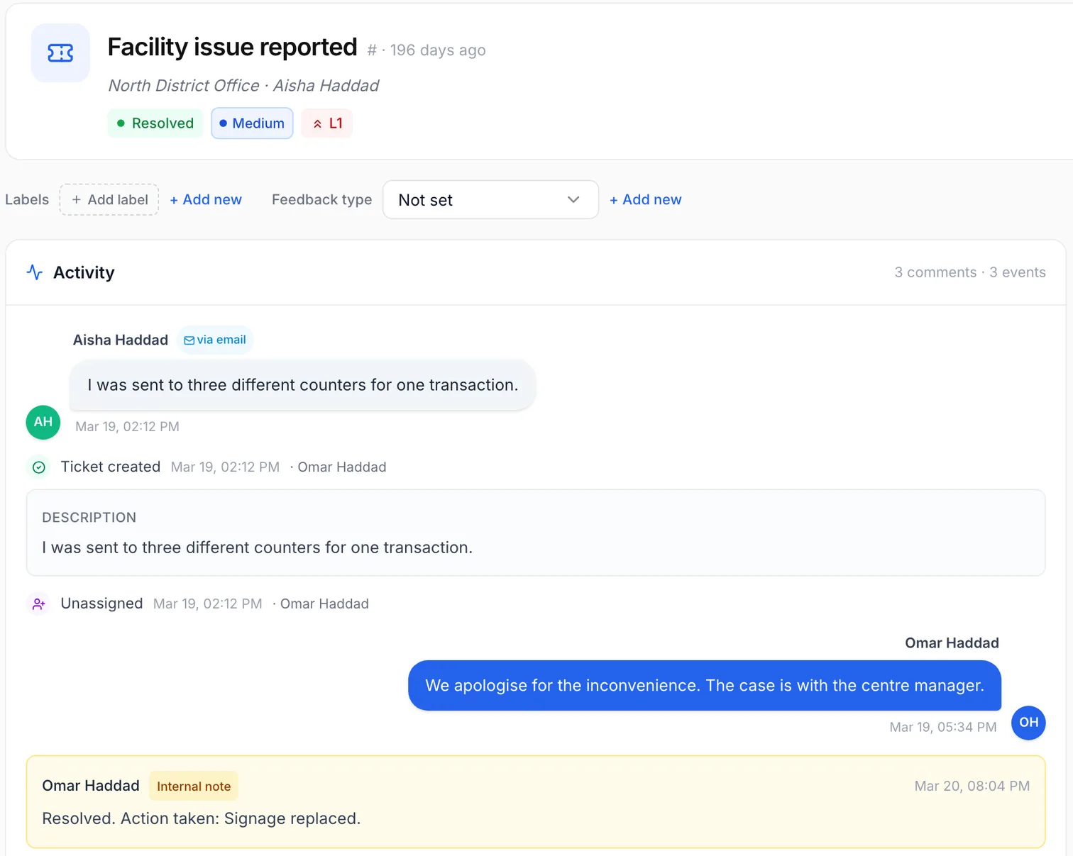 A citizen complaint as a case in Qmeter: activity log, replies, internal note, SLA status (demo data)