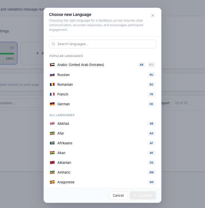 Qmeter survey builder, Translation tab: choosing a new language, with Arabic (right-to-left), Russian, French, German and 100+ more